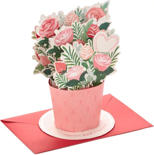 Hallmark Tarjeta emergente del día de San Valentín, ramo de flores rosadas (Happy Heart) Tarjeta 3D de papel maravilloso