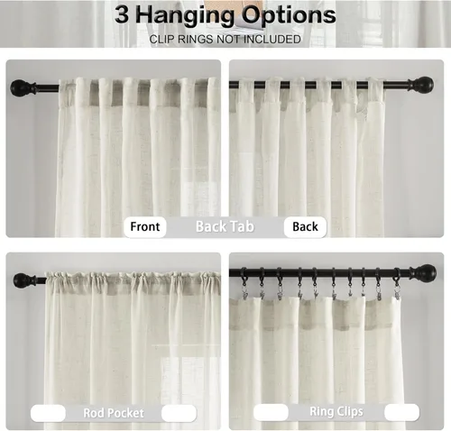 Miniatura 2 de Cortinas de lino transparente color crema de 96 pulgadas de largo para sala de estar, 2 paneles con bolsillo con pestaña trasera, suaves, naturales