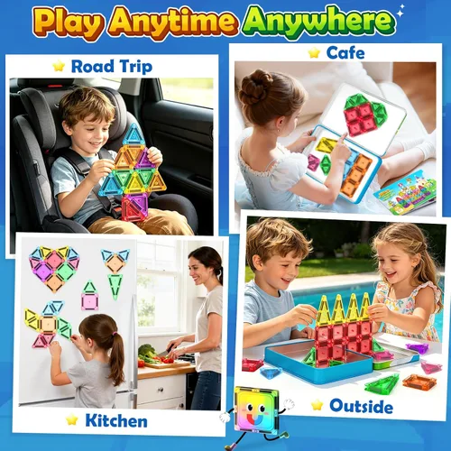 Miniatura 4 de Soyee Mini azulejos magnéticos de viaje, 60 piezas con estuche de lata de metal, juguetes esenciales de viaje, juguetes de viaje para niños