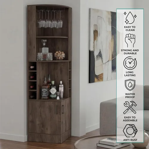 Miniatura 6 de Tuhome Syrah - Armario esquinero con dos estantes externos, estante para copas, ocho cubículos, diseño moderno para sala de estar o bar en casa