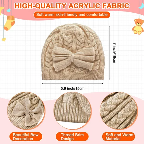 Miniatura 30 de SATINIOR 3 Set Toddler Hat Glove Set, Kids Winter Hats Warm Knitted Beanie Mittens Gloves with Bow for Baby Girls Boys 0-6Y