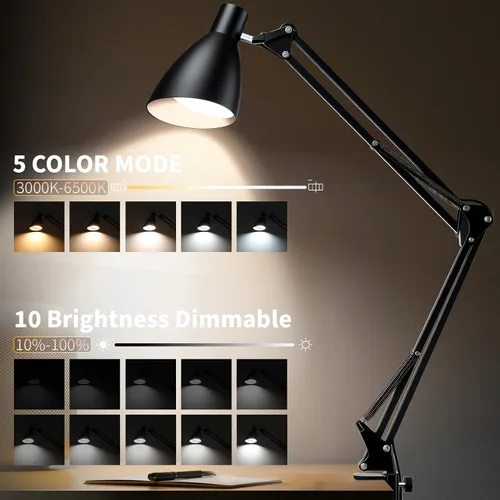 Miniatura 2 de Lámpara de escritorio con brazo oscilante con abrazadera, brazo ajustable con abrazadera LED en lámparas de escritorio con 5 modos de color y 10