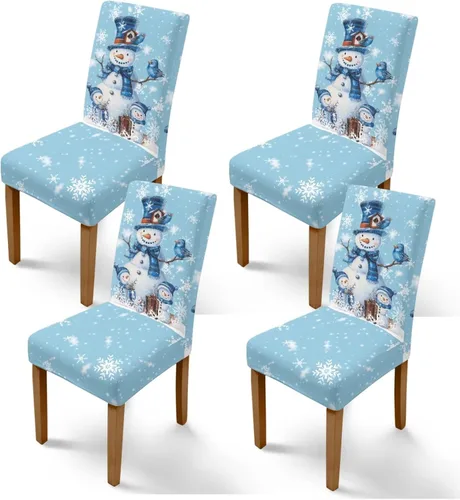 Miniatura 24 de Rnyleeg Fundas de silla de Navidad para sala de estar, diseño de muñeco de nieve azul, estampado de pájaros, fundas para sillas de comedor, 1