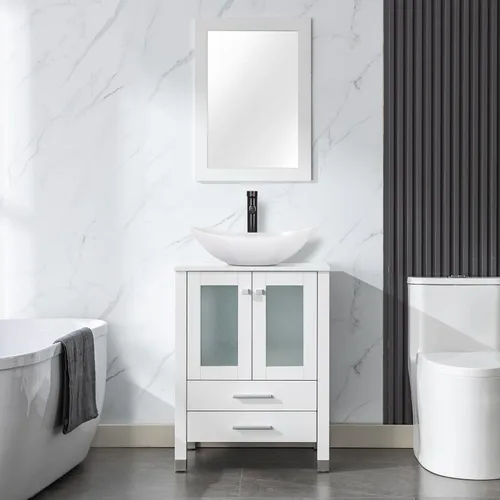 Miniatura 28 de LUCKWIND Combinación de tocador de baño de 24 pulgadas con lavabo, serie elegante con marco pintado, armario de almacenamiento de baño de dos