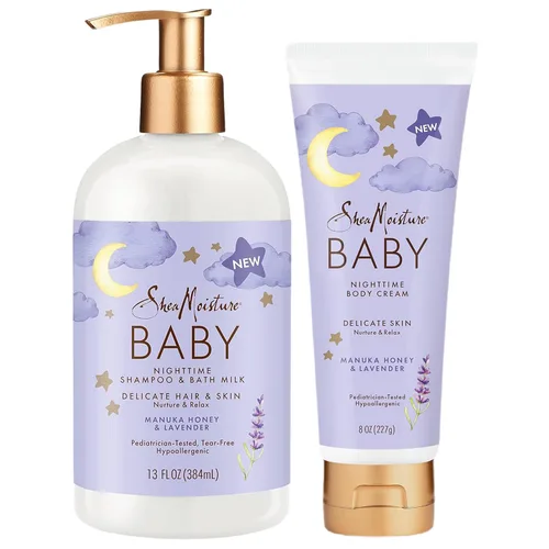 Shea Moisture Set de cuidado del bebé: champú relajante nocturno y leche de baño + crema corporal para pieles delicadas, miel de manuka y lavanda
