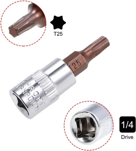 Miniatura 3 de uxcell 2 unidades de 1/4 de pulgada x T25 Torx zócalo, brocas de acero S2 CR-V sockets 1.496 in longitud uso con llave de trinquete, barra