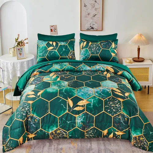 Miniatura 11 de ZRNBAST - Juego de edredón de nido de abeja negro de tamaño completo de 7 piezas, ropa de cama hexagonal suave y ligera, de mármol para todas