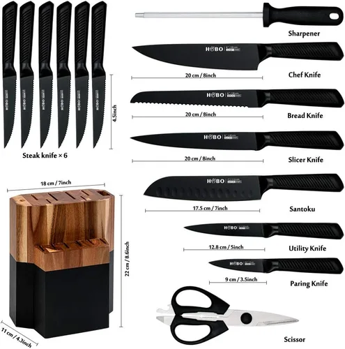 Miniatura 2 de Juego de cuchillos de cocina de 15 piezas con 6 cuchillos de carne con afilador, cuchillo de chef, cuchillo de acero inoxidable de alto carbono Negro