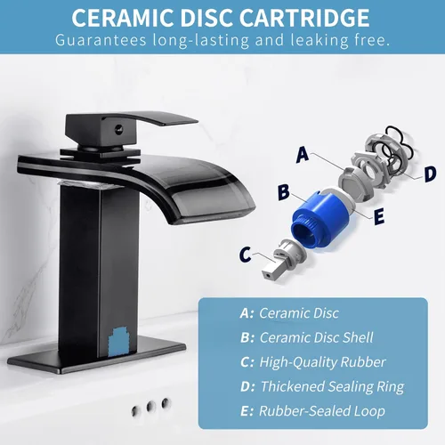 Miniatura 4 de Grifo de baño de cascada LED negro, grifo de lavabo de baño, 1 agujero, juego central de 4 pulgadas Negro mate