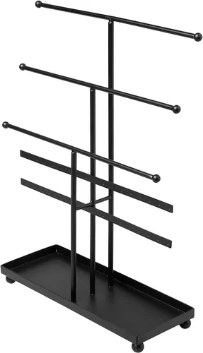 Miniatura 7 de MyGift Moderno soporte organizador de joyas de metal de 3 niveles, exhibición de almacenamiento de joyas negro mate con bandeja para anillos, 18