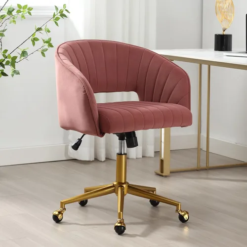 Miniatura 22 de ABET Silla de escritorio con ruedas, silla de terciopelo para oficina en casa, sillón giratorio con base dorada, sillas decorativas modernas Crema