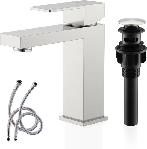 KENES Grifo de lavabo de baño de una sola manija, grifo de tocador de níquel cepillado para fregadero de baño, con tapón de drenaje desplegable y
