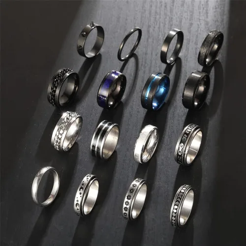 Miniatura 7 de FAXHION - Anillos de acero inoxidable para la ansiedad para hombres mujeres niños y niñas juego de anillos para la ansiedad negros y plateados