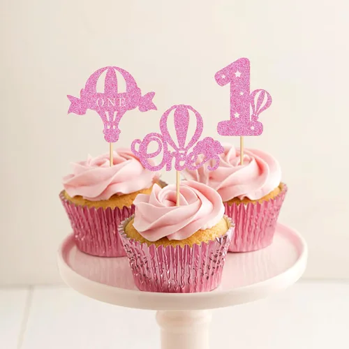 Miniatura 4 de Ercadio Paquete de 24 globos aerostáticos para cupcakes, globos con purpurina rosa, un globo para magdalenas, 1ª selección de cupcakes para globos