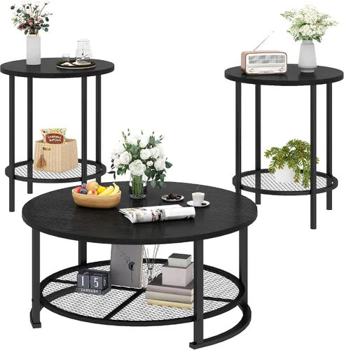 Miniatura 3 de DKLGG Mesas de centro negras de 3 piezas para sala de estar, mesa de centro redonda de madera de 3 piezas, mesas auxiliares y mesas auxiliares
