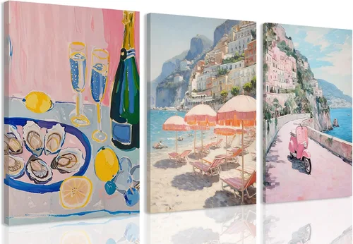 HNNXAR Amalfi Coast - Lienzo decorativo para pared, pintura italiana de playa, pintura artística italiana, fruta, champán, juego de 3, decoración de