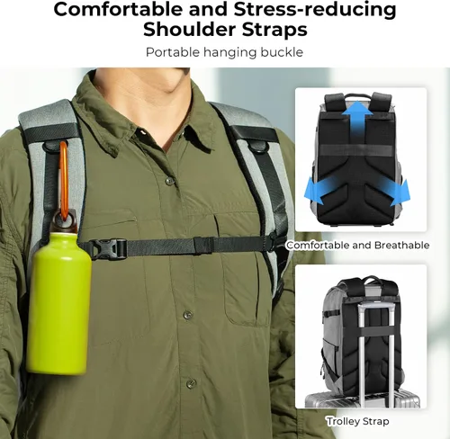 Miniatura 15 de K&F Concept Funda para cámara de 22L para fotógrafos, bolsas de cámara de gran capacidad con cubierta impermeable, compartimento para laptop de 15.6