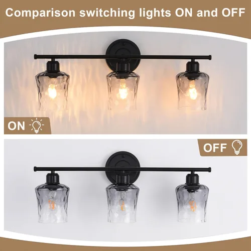 Miniatura 7 de Lámpara de baño de 3 luces, lámpara de tocador negra mate con pantalla de vidrio gris, moderna lámpara de pared de baño E26 para sobre espejo