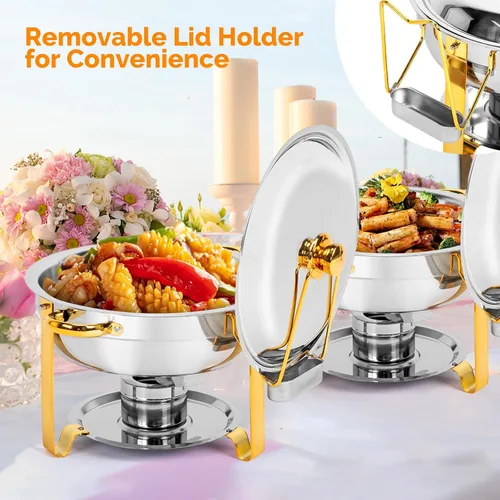 Miniatura 6 de ROVSUN Platos dorados para bufé, juego de 2 platos redondos de acero inoxidable de 6 cuartos de galón con soporte para tapa, juego de calentador