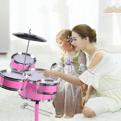 Miniatura 6 de Adecuado para niños de 3 a 6 años, juego de juguetes de batería para niños Rock Jazz Drum (rosa)