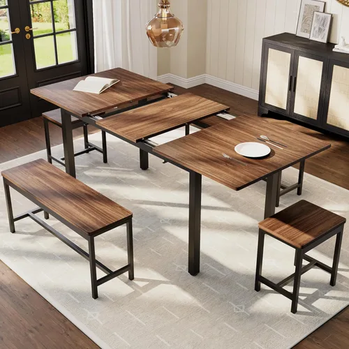 Miniatura 2 de GarveeHome juego de mesa de comedor de 5 piezas para 4-8 personas, mesa de cocina grande extensible de 63 pulgadas con 2 bancos y 2 taburetes Marrón