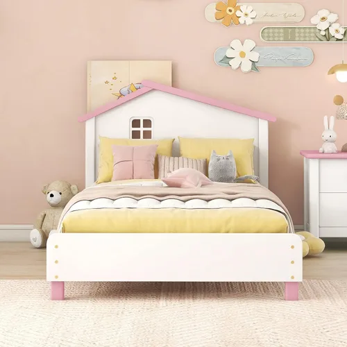 Miniatura 25 de Cama de plataforma de madera de tamaño individual con cabecera en forma de casa, soporte de listones de madera, para dormitorio de niños, niñas