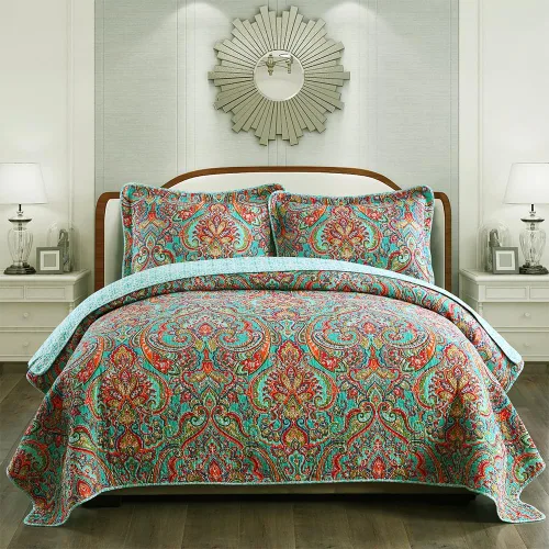 Miniatura 16 de NEWLAKE - Juego de cubrecama reversible de microfibra bordada con patrón floral en relieve en jacquard beige, tamaño queen