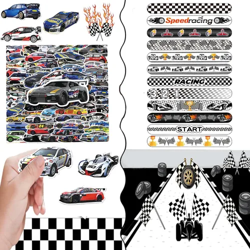 Miniatura 5 de Juego de 74 piezas de recuerdos de fiesta de autos de carreras, 24 pulseras de carreras, 50 calcomanías de autos de carreras, pulseras y paquete