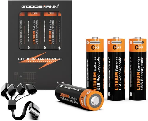 GOODSMANN Paquete de 4 baterías recargables AA de iones de litio con cargador USB-C de 4 ranuras, salida de 1.5 V, 1700 mAh hasta 1000 ciclos de