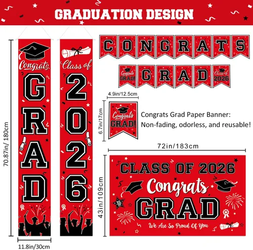 Miniatura 3 de Decoraciones de graduación 2026, juego de decoraciones de graduación rojo y negro con pancarta y telón de fondo de felicitaciones, letrero