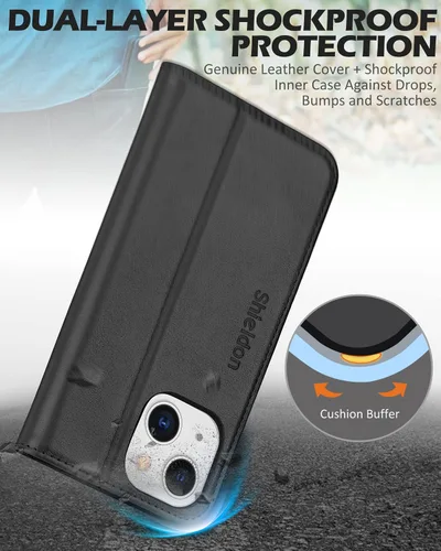 Miniatura 6 de SHIELDON Funda para iPhone 13 Mini 5G, cartera de piel auténtica, cierre magnético, ranuras para tarjetas, función atril, funda de protección Negro