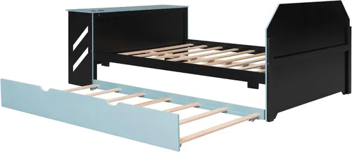 Miniatura 6 de Cama para juegos, sofá cama de tamaño matrimonial con escritorio, cama de plataforma matrimonial de madera con cama nido de tamaño individual y USB