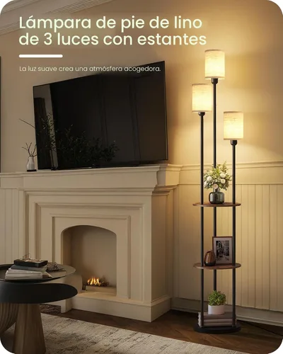 Miniatura 6 de Lámpara de pie de 180 cm con estantes, lámpara de pie moderna con 3 pantallas de lino y interruptor de pie, lámpara de pie de 3 luces, para sala