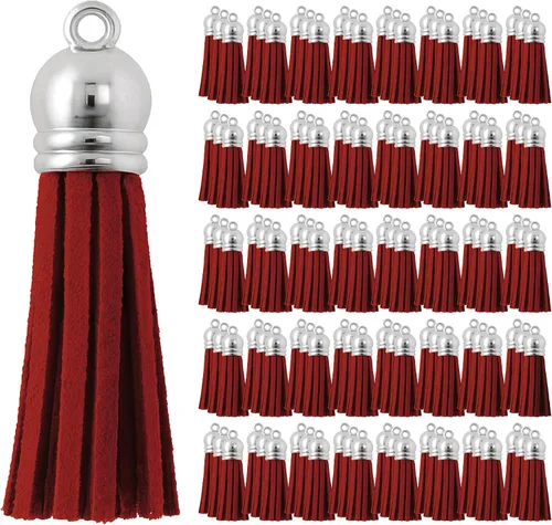 Miniatura 62 de Mandala Crafts 100 borlas de gamuza sintética color aguamarina con tapa dorada, suministros para hacer llaveros a granel, pequeñas borlas de cuero