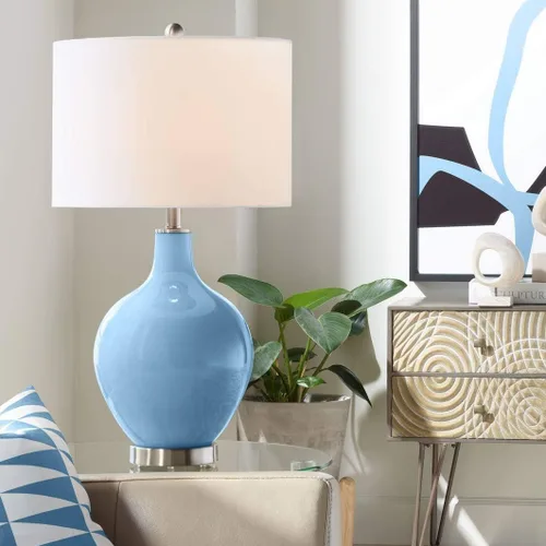 Miniatura 19 de Color + Plus Lámpara de mesa moderna de 28.5 pulgadas de alto, cristal azul Mónaco OVO blanco con pantalla de tambor de lino para sala de estar