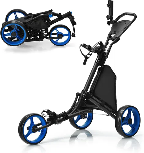 Tangkula Carrito de golf de empuje, carrito de empuje plegable de aluminio ligero de 3 ruedas, carrito de golf con correa elástica, paraguas y