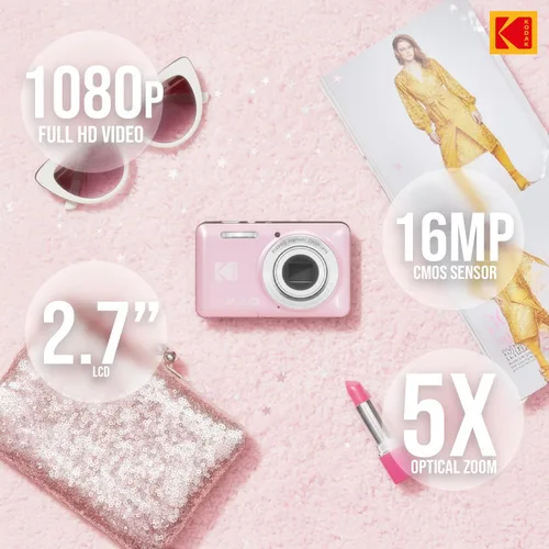 Miniatura 3 de Kodak PixPro Friendly Zoom FZ55 cámara digital Full HD 1080p de 16 MP con zoom óptico 5X para vlogging (Rosa Pastel)