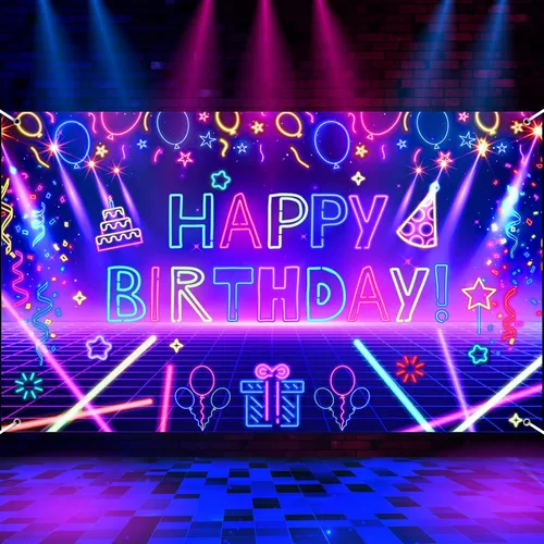 Decoración de pancarta de fiesta de cumpleaños de neón brillante, telón de fondo de feliz cumpleaños con temática de fiesta (bajo la luz negra UV