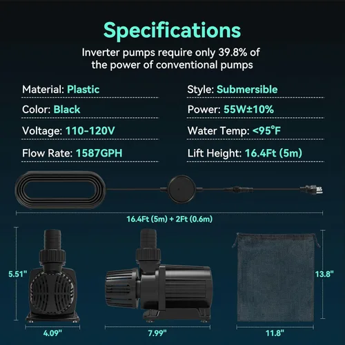 Miniatura 8 de Bomba de agua sumergible 1587 GPH, bomba de estanque de 55 W con 16.5 pies. Altura de elevación para piscina de estanque Koi, cascada, pecera