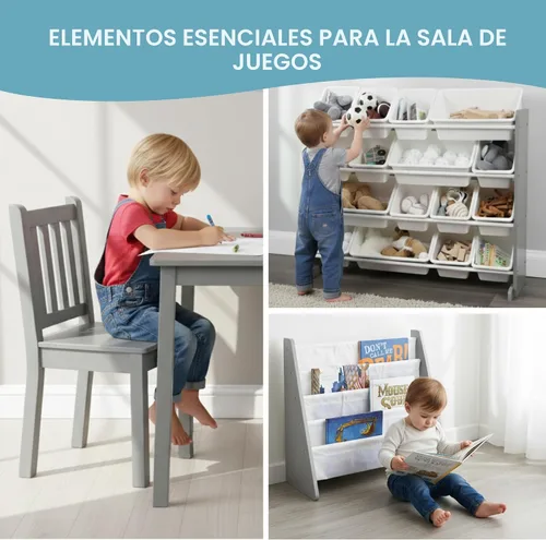 Miniatura 7 de Humble Crew - Estantería para niños de 4 niveles, madera gris/blanca - Estantería premium para habitaciones infantiles con cuatro bolsillos