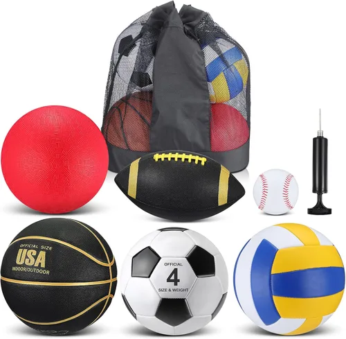Realspring Juego de 6 pelotas deportivas múltiples para niños y adolescentes, tamaño oficial, fútbol, voleibol, pelota de juegos infantiles, béisbol