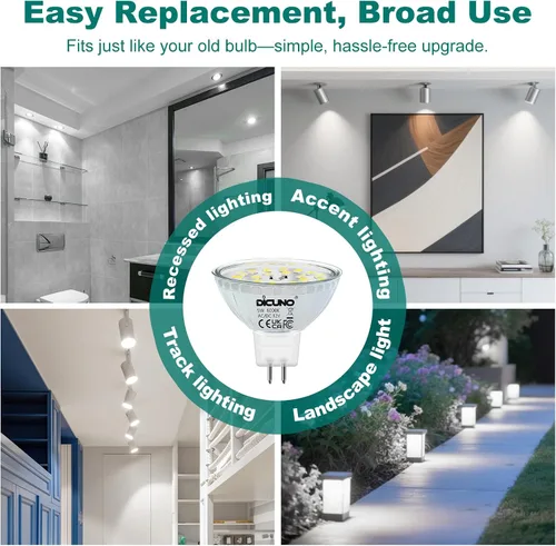 Miniatura 9 de DiCUNO Bombillas LED MR16 regulables, luz blanca diurna, 6000 K, 50 W, equivalente a halógeno, 12 V CA/CC, bombilla base de 5 W GU5.3 bi-pines, Luz