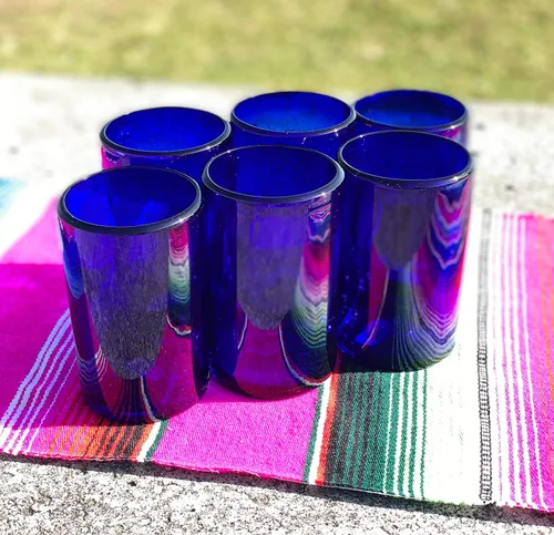 Miniatura 4 de Vasos mexicanos soplados a mano, juego de 6 vasos de agua de cobalto (14 onzas cada uno)