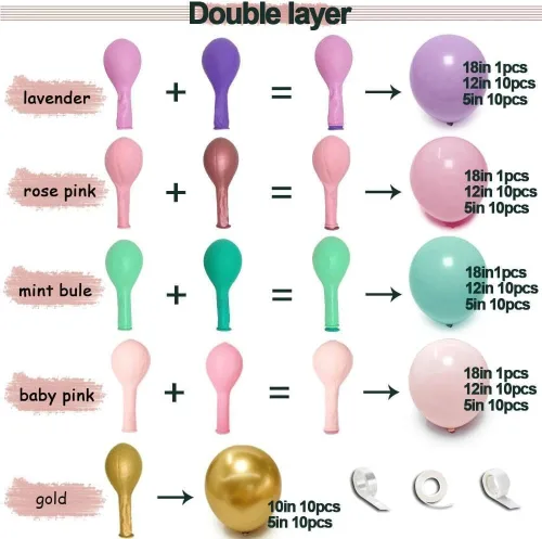 Miniatura 3 de Guirnalda de globos pastel de doble relleno, color rosa, morado, verde, arco de globos colorido, kit de látex metálico dorado para sirena, baby