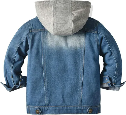 Miniatura 2 de IBAKOM Chaqueta de mezclilla para niña, chaqueta de mezclilla azul para niños, con botones, otoño e invierno, abrigo con capucha rasgada, ropa