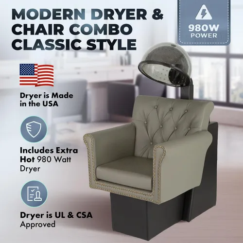 Miniatura 3 de Buy-Rite Chelsea - Combo de silla de salón copetuda gris con secador de campana UL/CSA de 980 W, borde de cabeza de clavo, calor/temporizador