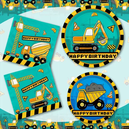 Miniatura 5 de Kit de suministros para fiesta de cumpleaños de construcción, platos de papel desechables, servilletas, vasos, mantel y pancarta, decoraciones