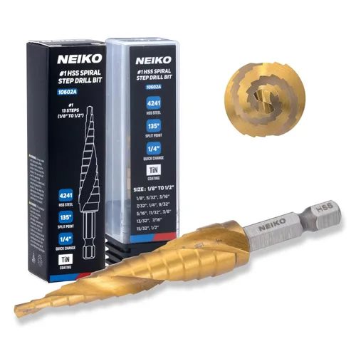 NEIKO 10602A Step Drill Bit, 13 Steps 1/8" to 1/2" Spiral High Speed Steel, Titanium Nitride Coated, 1/4" Quick Change Step Bits for Steel, Metal,