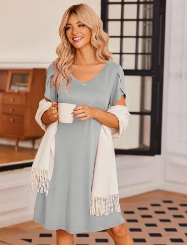 Miniatura 3 de Ekouaer Camisón de manga corta para mujer, cuello en V, camisón de enfermería, mangas de pétalo, vestido de camiseta S-XXL
