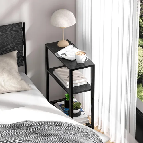 Miniatura 4 de Mesa auxiliar estrecha para espacios pequeños, mesa auxiliar pequeña de 2 niveles con soporte para estantes, mesita de noche delgada, mesa de sofá